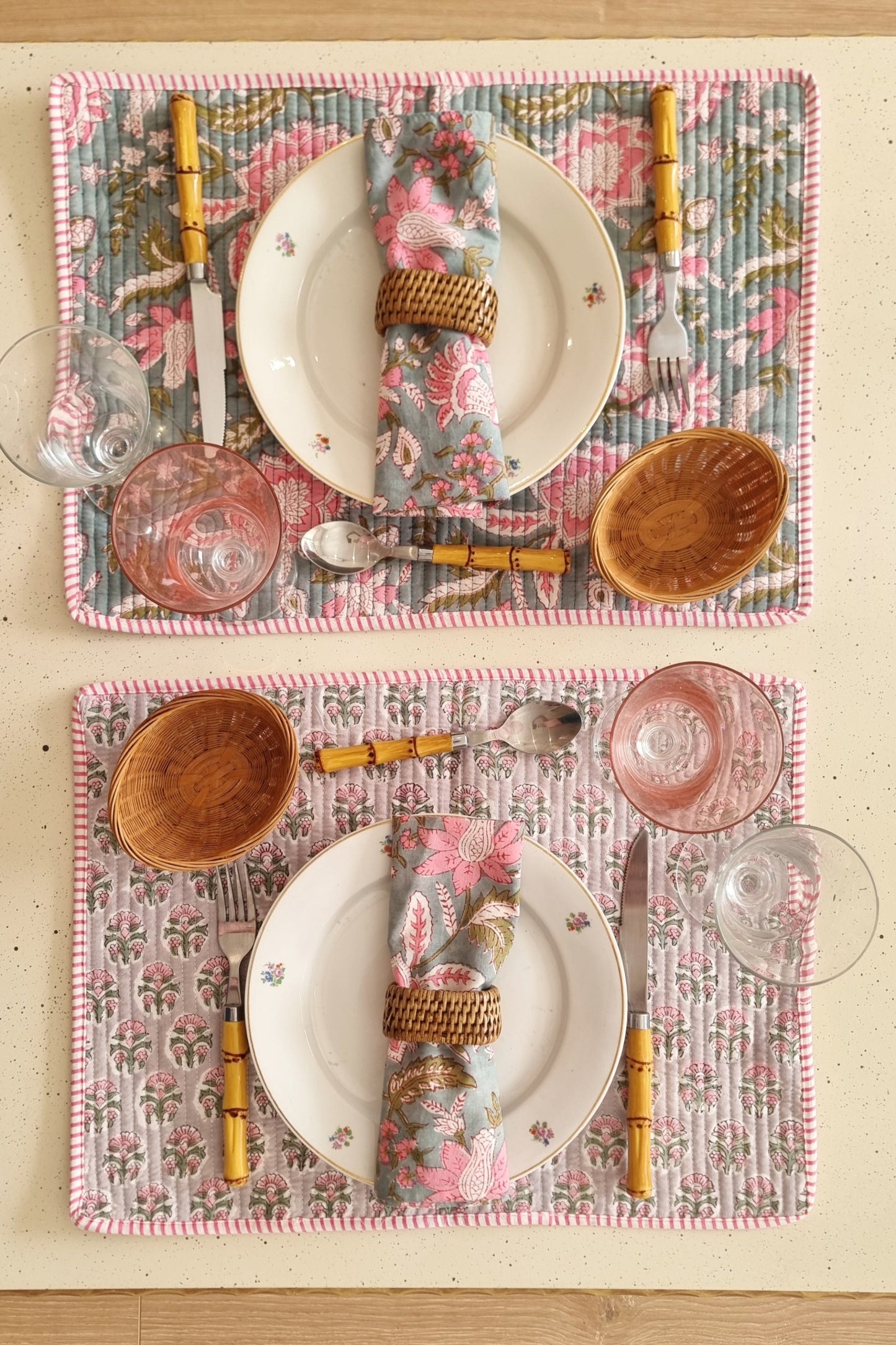 Individual reversible - N.º 5 Verde turquesa de flores